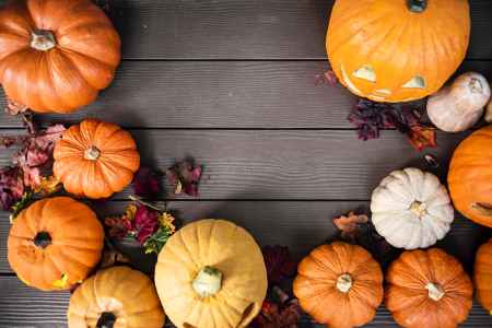 orange pumpkins on gray wooden surface